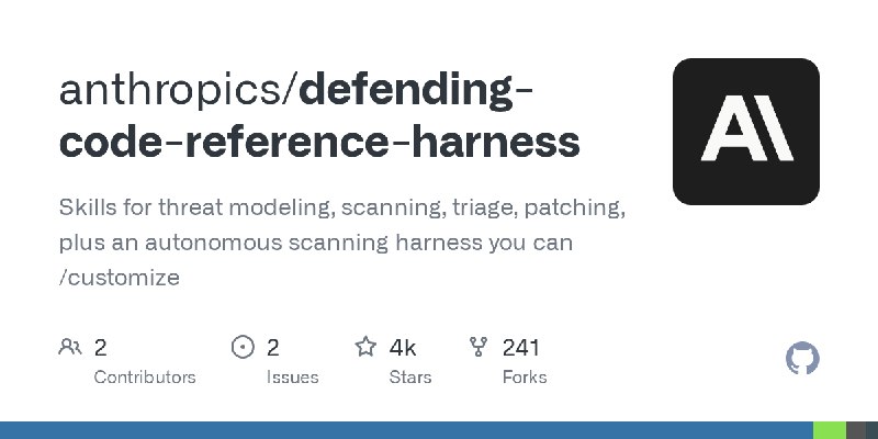 GitHub - anthropics/defending-code-reference-harness: Skills for threat modeling, scanning, triage, patching, plus an autonomous…