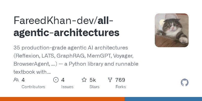 GitHub - FareedKhan-dev/all-agentic-architectures: 35 production-grade agentic AI architectures (Reflexion, LATS, GraphRAG, MemGPT…