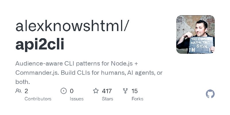 GitHub - alexknowshtml/api2cli: Audience-aware CLI patterns for Node.js + Commander.js. Build CLIs for humans, AI agents, or both.
