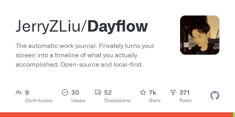 GitHub - JerryZLiu/Dayflow: The automatic work journal. Privately turns your screen into a timeline of what you actually accomplished.…