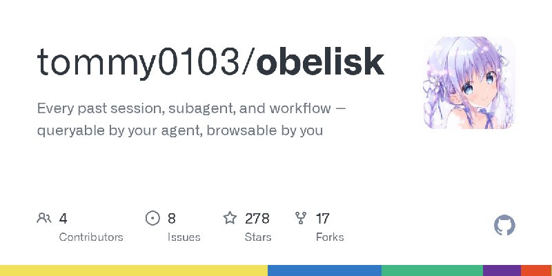GitHub - tommy0103/obelisk: Every past session, subagent, and workflow -- queryable by your agent, browsable by you