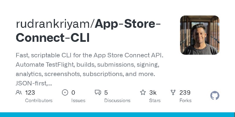 GitHub - rudrankriyam/App-Store-Connect-CLI: Fast, scriptable CLI for the App Store Connect API. Automate TestFlight, builds, submissions…
