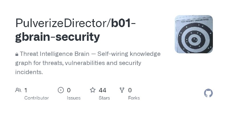 GitHub - PulverizeDirector/b01-gbrain-security: 🔒 Threat Intelligence Brain — Self-wiring knowledge graph for threats, vulnerabilities…