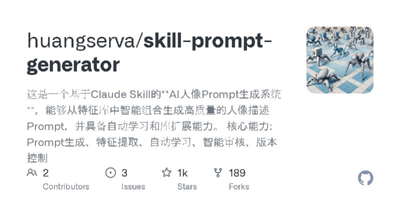 GitHub - huangserva/skill-prompt-generator: 这是一个基于Claude Skill的**AI人像Prompt生成系统**，能够从特征库中智能组合生成高质量的人像描述Prompt，并具备自动学习和库扩展能力。 核心能力:…