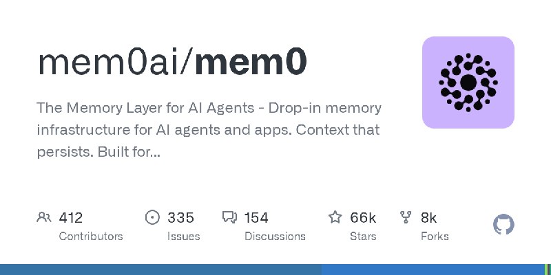 GitHub - mem0ai/mem0: The Memory Layer for AI Agents - Drop-in memory infrastructure for AI agents and apps. Context that persists.…