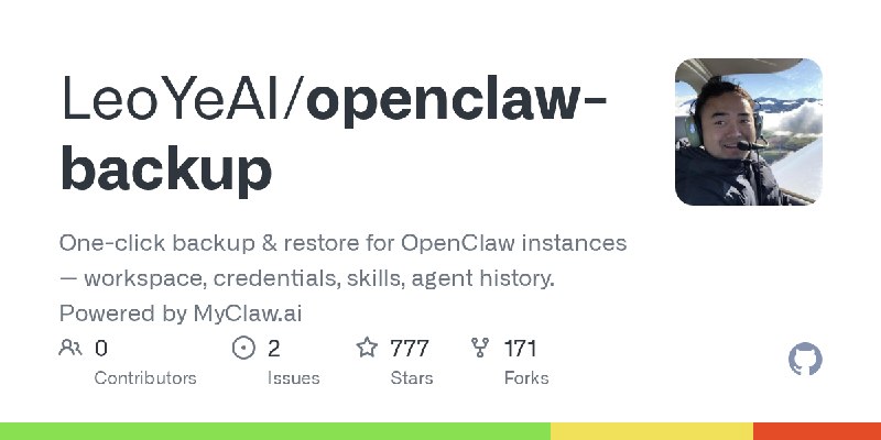 GitHub - LeoYeAI/openclaw-backup: One-click backup & restore for OpenClaw instances — workspace, credentials, skills, agent history.…