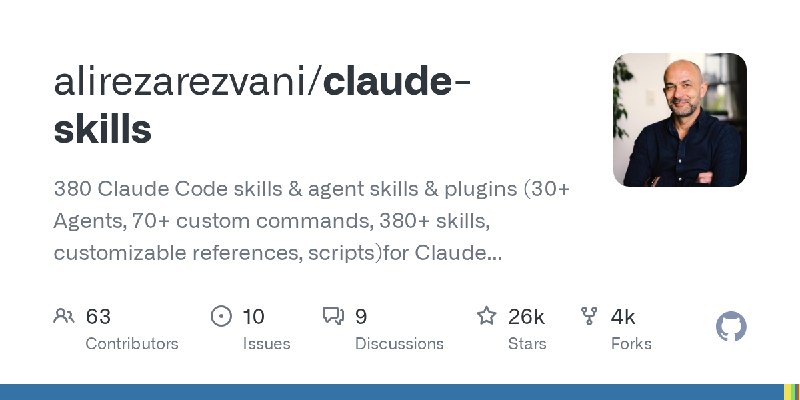 GitHub - alirezarezvani/claude-skills: 380 Claude Code skills & agent skills & plugins (30+ Agents, 70+ custom commands, 380+ skills…
