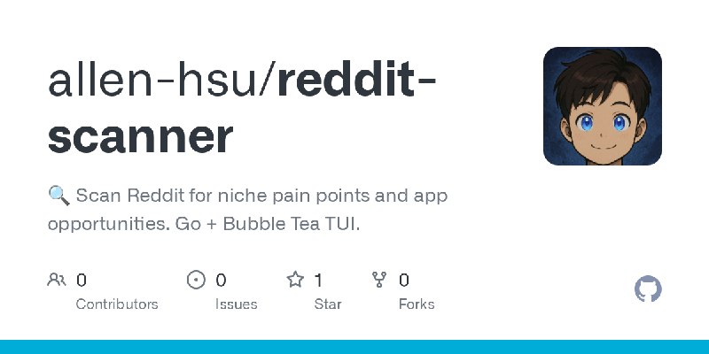 GitHub - allen-hsu/reddit-scanner: 🔍 Scan Reddit for niche pain points and app opportunities. Go + Bubble Tea TUI.