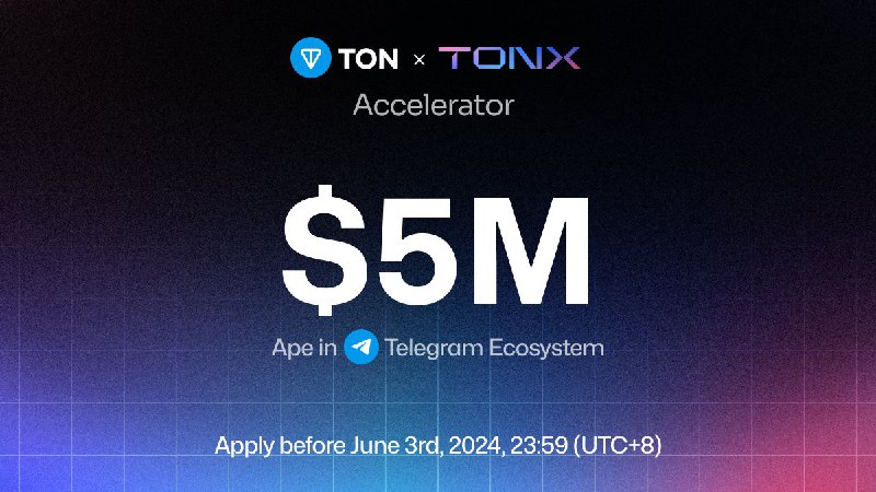  TONX Launches $5M Accelerator Program for Developers!   TONX, Asia’s earliest TON Venture Studio, announced the launch of the TONX Accelerator Program, backed by a $5 million funding pool. The accelerator program brings together Asia’s top developers who are passionate about advancing the Telegram ecosystem.  Telegram, with over 900M users, launched an ad revenue-sharing program for channel owners in Feb, paid solely on TON. The launch led to a significant increase in activity on TON, now Telegram’s dedicated platform running its robust advertising ecosystem. Joining the TONX Accelerator Program is the next step for developers eager to build Wallets, DeFi, Bots, and dApps on the thriving Telegram ecosystem. It is a special accelerator for the Telegram ecosystem as the program brings world-class mentorship and support to Asia’s elite developers.  The TONX Accelerator Program is supported by TON, TonFura, Tonbit Participants in this upcoming accelerator will receive various benefits including potential investment from Ton Ventures, TONX, and VC partners of the accelerator program. 👨🏻‍💻 Projects in the accelerator will have the chance to scale globally and receive marketing, technical, and business support from TON project founders and the TON team. To equip the developers with top-tier support TON and TONX will be hosting two bootcamps in Hong Kong and Taipei.  Teams and developers can submit their projects to the TONX Accelerator Program today using the Application Form.Applications run from May 20th to June 3rd, 2024