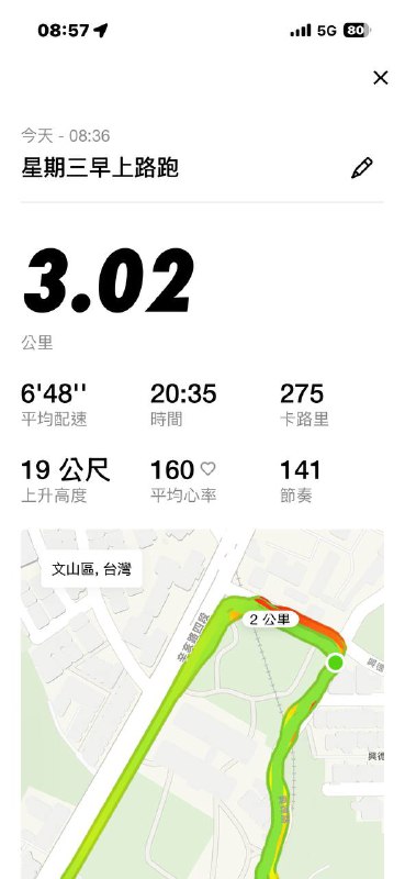 跑完啦，這週的第二次跑比之前都好很多心率下降了也沒這麼喘了，速度還變快了